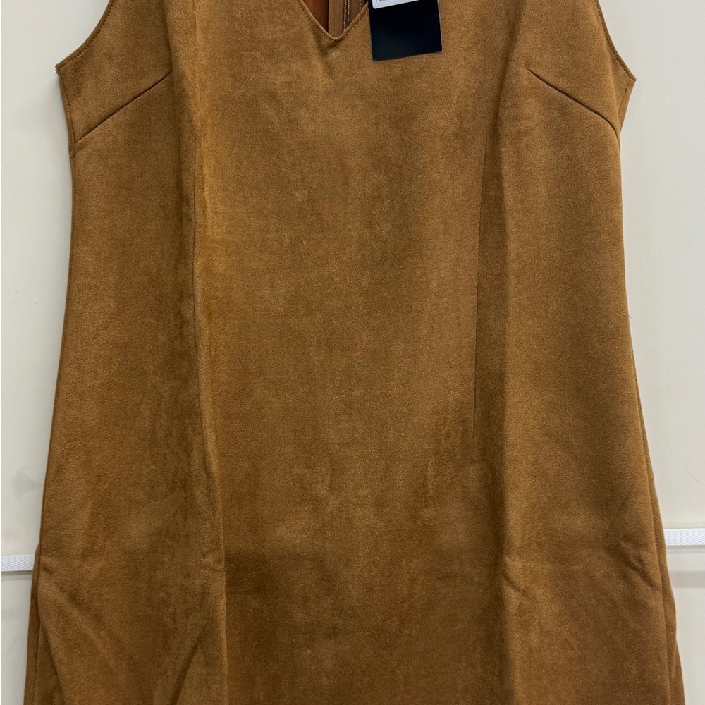 Suede-Look Camel Mini Dress with V-Neck